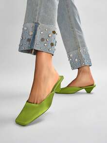 Stain Mules Slingback Pumps For Women Closed Square Toe Kitten Heel Slip On Slides Sandals Luxury Elegant Fashion Shoes - 綠色 - 查看 4