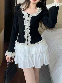 Áo khoác cardigan dài tay nữ viền ren Pháp, ôm dáng, thích hợp cho mùa thu/đông, kiểu dáng ngọt ngào nữ tính, phù hợp mặc hàng ngày và hẹn hò, áo dài tay màu đen. - màu đen - Xem 3