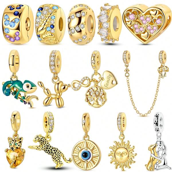 1 peça pingente de coleção banhado a prata dourada com laço, árvore da vida, família, balão, cachorro, vaga-lume, chita, sol, camaleão, adequado para pulseira, colar, pulseira, contas para fazer joias faça você mesmo, uso diário, acessórios para festas