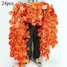 12/24PCS Vibrant Autumn Maple Leaf Garland - Realistic Plastic Fall Foliage Vines, Perfect For Thanksgiving And Halloween Decor, Versatile Indoor/Outdoor Use, No Power Required, Home Autumn Decoration
