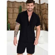 Men's Plain Slim Fit Short Sleeve Beach Holiday Shirt With Button Pocket - Black - View 3