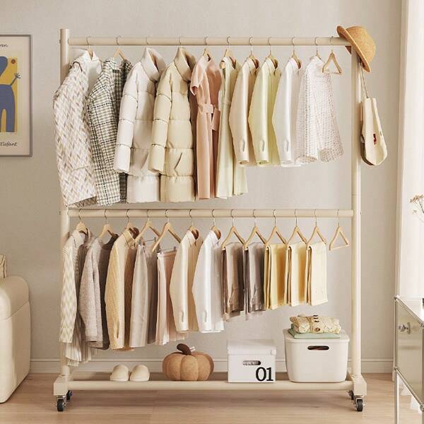 2-stöckiger Kleiderständer, platzsparender freistehender Garderobenbügel für Zuhause, Schlafzimmer, Einzelhandelsladen-Präsentation, leicht zusammenzubauender Metall-Kleidungsorganizer-Ständer, 2 Ebenen, Feder, minimalistisch, Sommeroberteile