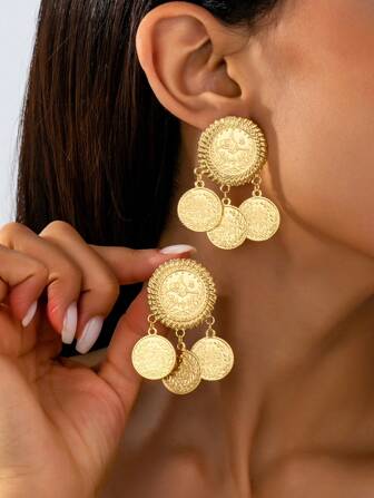 1 Pair Vintage Elegant Gold Coin Badge Earrings, Women's Daily, Party, Wedding Gift Accessories