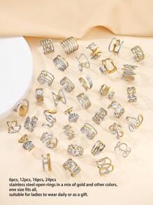 24件不锈钢时尚复古金色油压戒指混合款式，戒指款式随机，手指尺寸均为均码，适合女性日常装扮或送礼 - 漸金色 - 查看 3