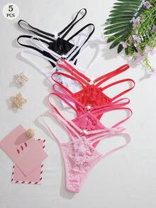 Set de 5 bragas tipo tanga de bikini de cintura baja, cómodas y con estilo romántico francés para mujeres