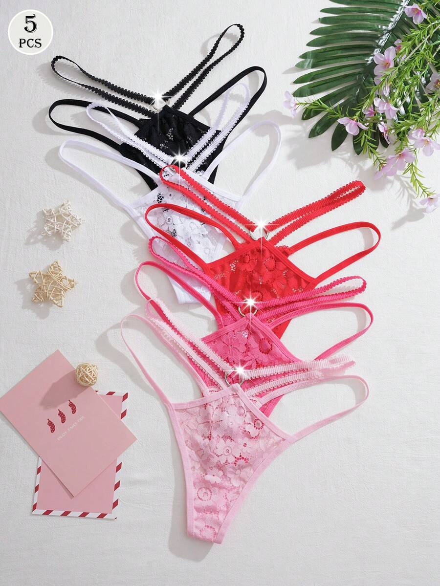 Set de 5 bragas tipo tanga de bikini de cintura baja, cómodas y con estilo romántico francés para mujeres