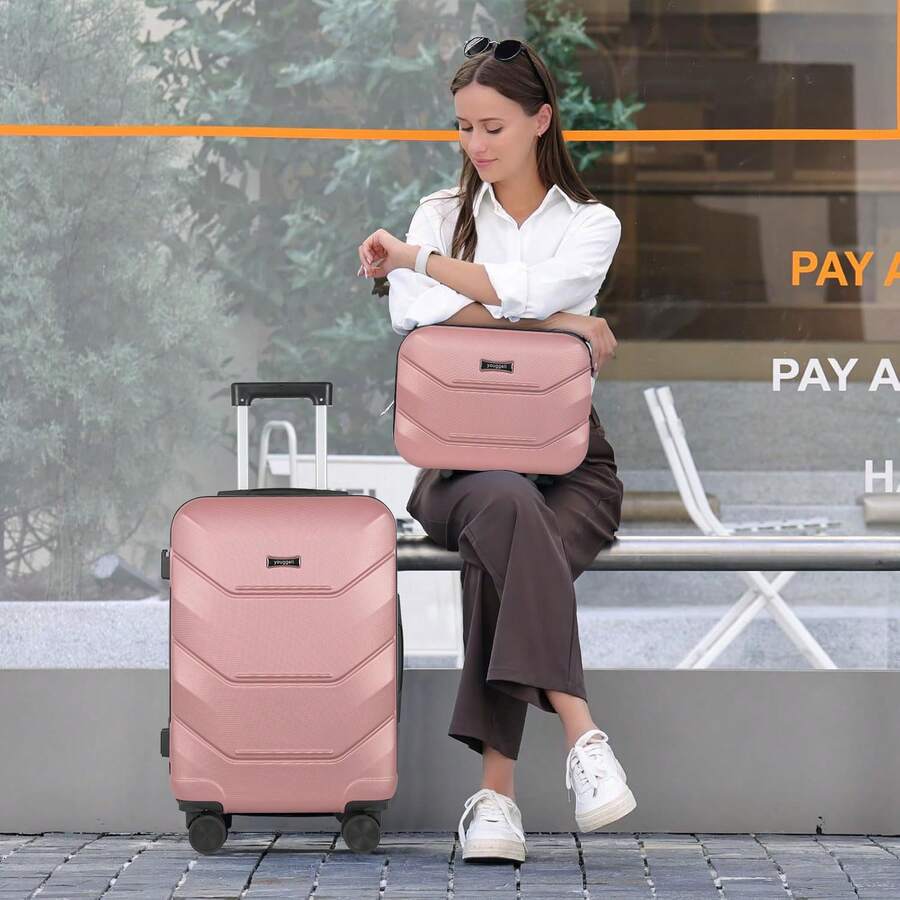 YOUGGELI Lightweight Carry-On Suitcase Set, ABS Material Suitcase With Iron Trolley Handle, Expandable Travel Case And Cosmetic Bag, With Swivel Wheels And TSA Lock For Travel