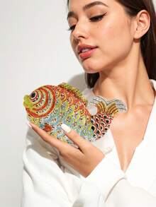 Bolso de mano mini con forma de pez para mujer, con diamantes de imitación, para bodas, fiestas y banquetes - amarillo multicolor - Ver 3