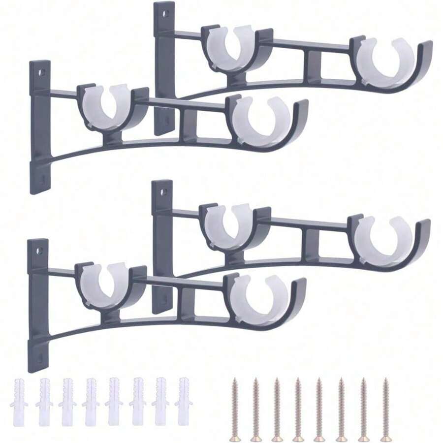 Double Curtain Rod Brackets,Set Of 4 Alloy Hang Curtain Brackets 2 Rod Hole Hooks For Drapery Window Hardware Rod Holders,Fit For 4/5" To 1" Curtain Rods (4 Pcs Double Hole Holder, Black) - 4 PCS - 查看 1