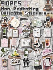 50pcs Cute Girl Daily Theme Stickers, Non-Repetitive, Exquisite Decor, Suitable For Back To School Gifts, Classroom Rewards, Halloween, Thanksgiving, Christmas Gifts, Holiday Gifts, Party Decorations, Home Decor, Birthday Gifts, Also Can Be Used On Luggage, Skateboards, Handbags, Water Bottles, Cups, Laptops, Tablets, Phone Cases, Notebooks, Etc. - Multicolor - View 3