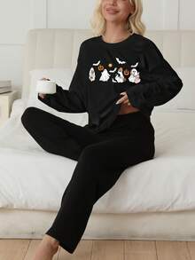 Herbst und Winter 2-teiliger Lässig anzug, Damenkostüm für Halloween, Langarm-T-Shirt, weite Damenhose Set Pyjama geeignet für magische Nächte Zuhause, sexy und modischer Pyjama-Set, Halloween Vampir, Kürbis, Katzen Muster Lässig anzug, Herbstkleidung, gemütliche Outfits