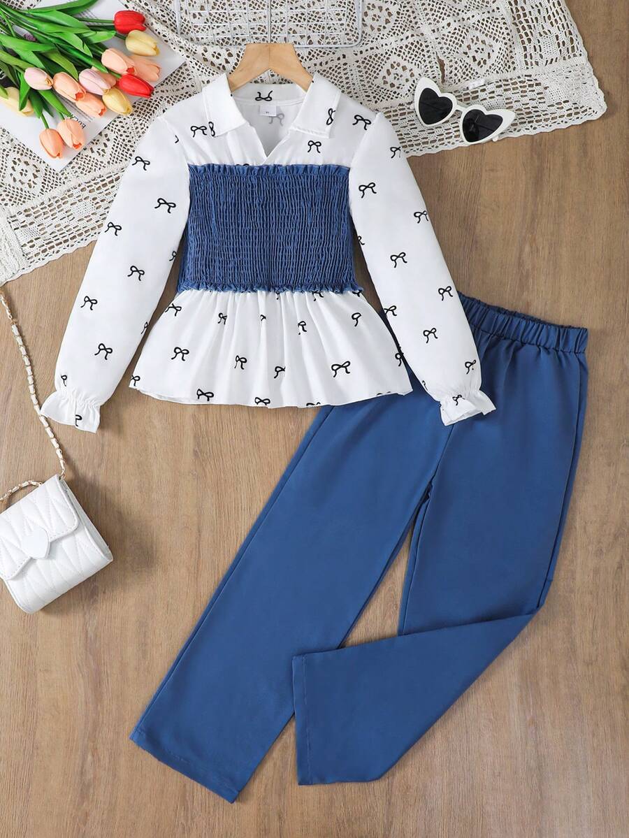 Purechapter Conjunto de Top de Manga Longa com Estampa de Laço e Bloco de Cor na Cintura e Calça com Cintura Elástica para Meninas Pré-Adolescentes - Azul - Visão 1