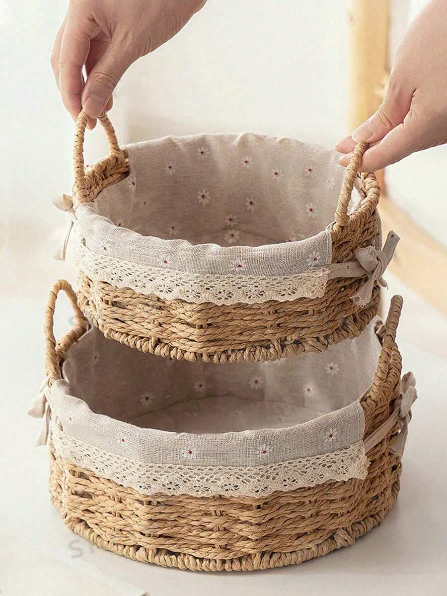 1pc Woven Rattan Desktop Storage Basket, Household Tea Table Paper Rope Organizer Box For Cosmetics, Remote Controls, Miscellaneous Items - Apricot - View 1