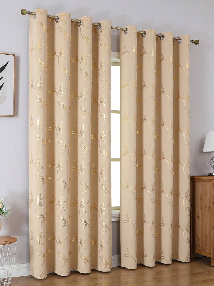 2pcs Beige Floral Blackout Thermal Curtain Panels, Modern Printed 3D Floral Design, Suitable For Living Room, Bedroom, Dining Room Home Decor, Room Decoration - Beige Gold - View 8