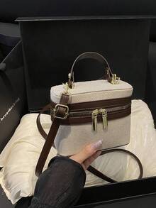 复古简约拼色小盒子手提包、女士单肩包 - 咖啡棕 - 查看 7