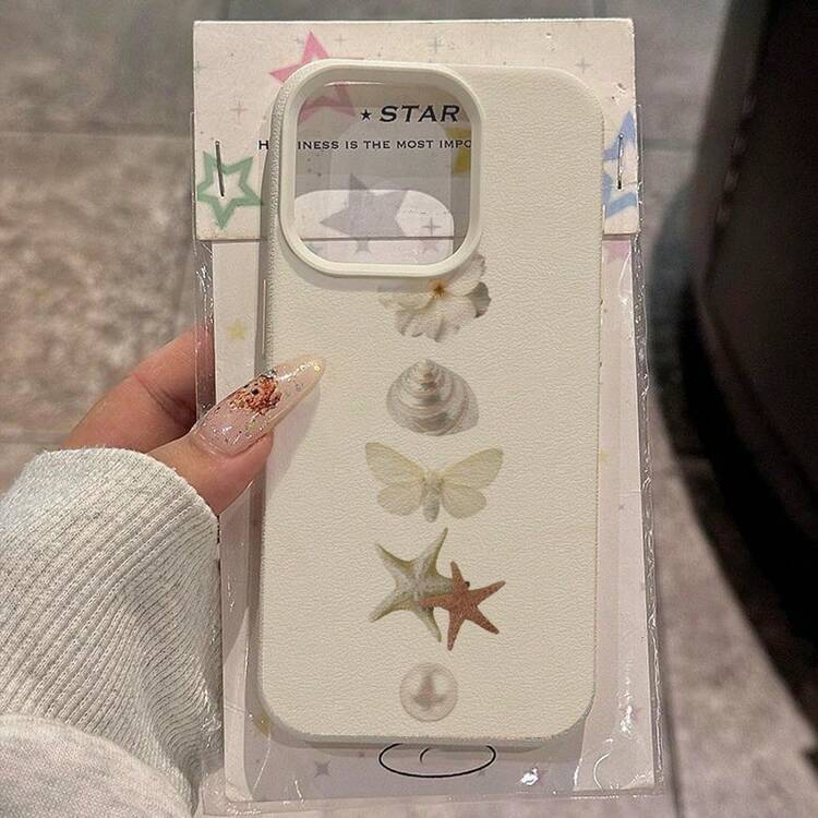 1 pieza Funda de teléfono de material TPU con diseño elegante de mariposa, concha, estrella de mar, flor y perla falsa, compatible con iPhone/teléfonos, resistente al agua, a los golpes, a las caídas y a los arañazos - Blanco - Añade 3