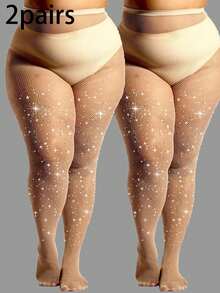 2 Pares de Meias-Calças de Rede Preta com Aplicações de Strass em Tom de Pele para Mulheres Plus Size, Meias-Calças de Malha Pequena de Alta Elasticidade, Meias Cintilantes para Dança em Boates, Adequadas para Todas as Estações, Estilo Gótico, Moda e Versáteis.