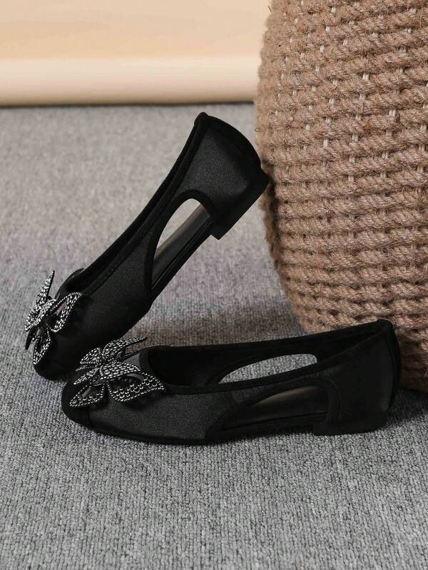 Women's Ballet Flats, Fashionable Square Toe Slip-On Soft Bottom Shoes, Versatile Flat Shoes, Black Flat Rhinestone Bow Tie Loafers, Run One Size Larger