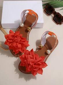 全新加大码女式舒适简约圆头莲花装饰金属珠平底拖鞋凉鞋，休闲时尚户外度假沙滩夏季鞋 - 橘紅色 - 查看 6