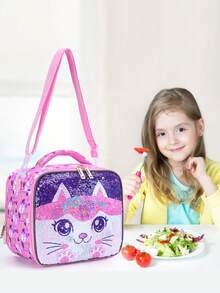 BLING BABIES Girls Lunch Bag, Cute Cartoon Cat Sequin Design, Suitable For Elementary Students, Children's Lunch Box, Kindergarten Lunch Handbag, Reusable Picnic Bag, Glow-In-The-Dark Function - Pink - Pink - View 2