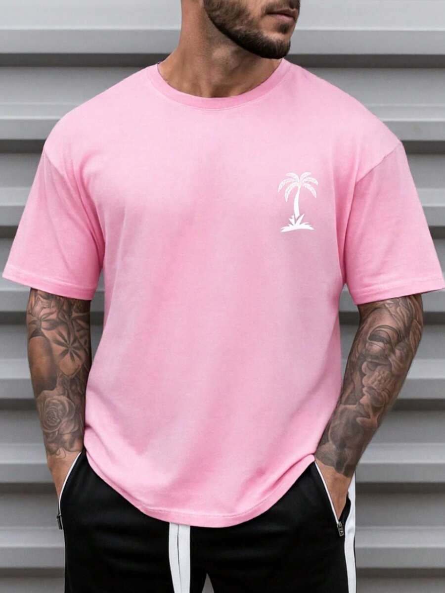 Men's Oversized Coconut Tree T-Shirt 100% Cotton From S To Plus Size G3 - Baby Pink - View 1
