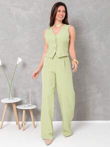 Women's Vest And Tailored Trousers Set - 綠色 - 查看 2