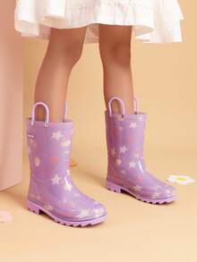 Kids' Waterproof Rain Boots Lightweight Pull-On Toddler Boots With Handles For Girls & Boys Cute Playtime Outdoor Shoes Purple - 紫色 - 查看 3