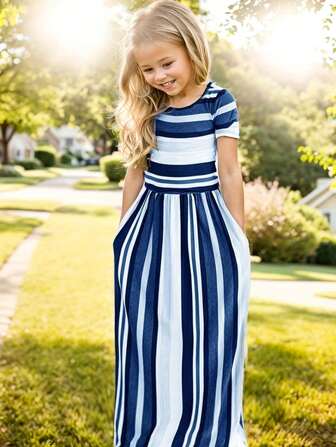Young Girl Round Neck Short Sleeve Striped Casual Dress, Summer Minimalist Fashion Long Vacation Party Cute Outfit