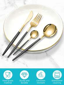 1/4/16/24/32pcs Stainless Steel Western Tableware Set - Including Table Forks, Soup Spoons And Teaspoons, Suitable For Cafe, Party, Wedding, Restaurant And Daily Use, Kitchen, Christmas Gift - gold+black - View 3