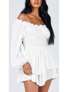 White Flowy Pirate Dress Halloween Fairy Costume Women Girls Y2k Long Sleeve Ruffle Off Shoulder Corset Mini Romper Dress Babydoll Casual Shorts Jumpsuit Cute Preppy Country Concert Cowgirl Outfits Halloween Cosplay Party Dresses - White - View 2