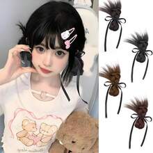 2 pezzi Parrucca sintetica integrata con fermagli, lunghezza 20cm/8 pollici, dolce e versatile, con fiocco e doppio chignon