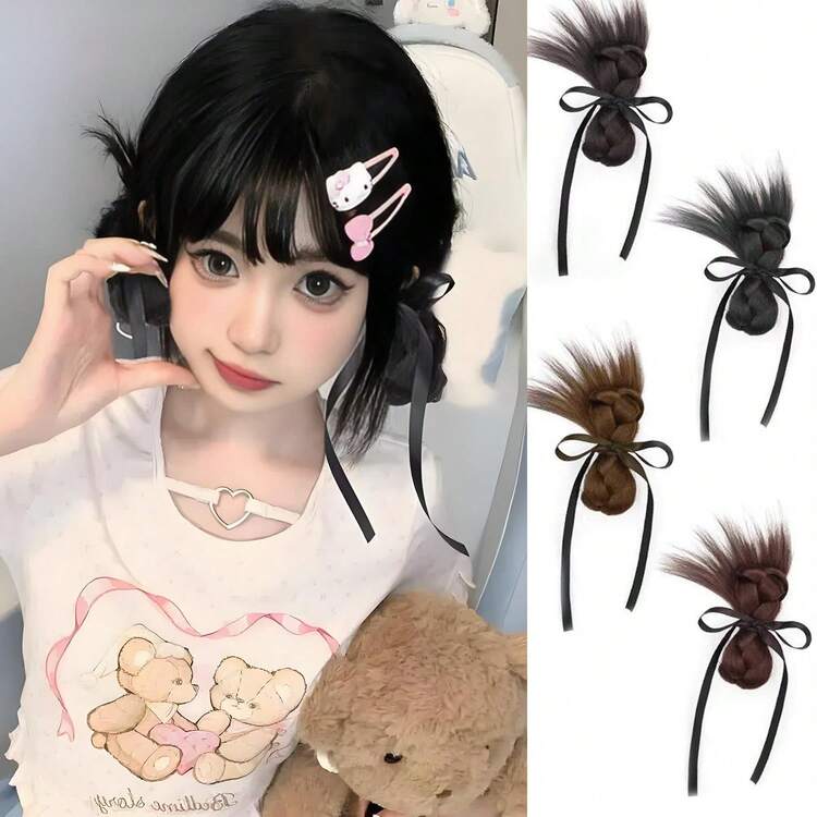 20厘米/8英寸合成2件抓夹一体式仿真假发甜美百搭丝带双发髻头 - 彩色 - 查看 1