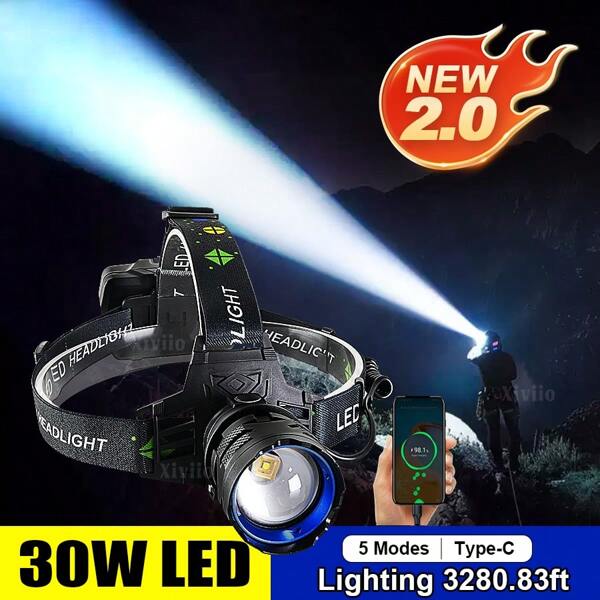 High-Power 30W LED Headlamp With Long-Distance Beam, Zoomable Focus And Rechargeable 3*18650 Battery, 5 Modes (High, Medium, Low, Strobe, SOS), Suitable For Long Outdoor Activities, Fishing, Power Outages, Cycling, Camping, Mountaineering And Maintenance Work