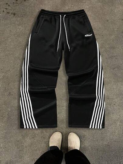 Men Drawstring Contrast Stripe Letter Print Casual Long Pants, Going Out Long Straight Leg Pants,Slogan Graphic Print Drawstring Waist Sweatpants Baggy Drawstring Sweatpants, Men Striped Sweatpants Men Black And White Pants,Streetwear,For Rave, Back To School, For Daily Wear