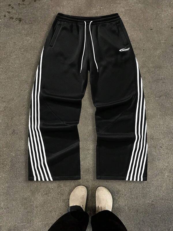 Men Drawstring Contrast Stripe Letter Print Casual Long Pants, Going Out Long Straight Leg Pants,Slogan Graphic Print Drawstring Waist Sweatpants Baggy Drawstring Sweatpants, Men Striped Sweatpants Men Black And White Pants,Streetwear,For Rave, Back To School, For Daily Wear