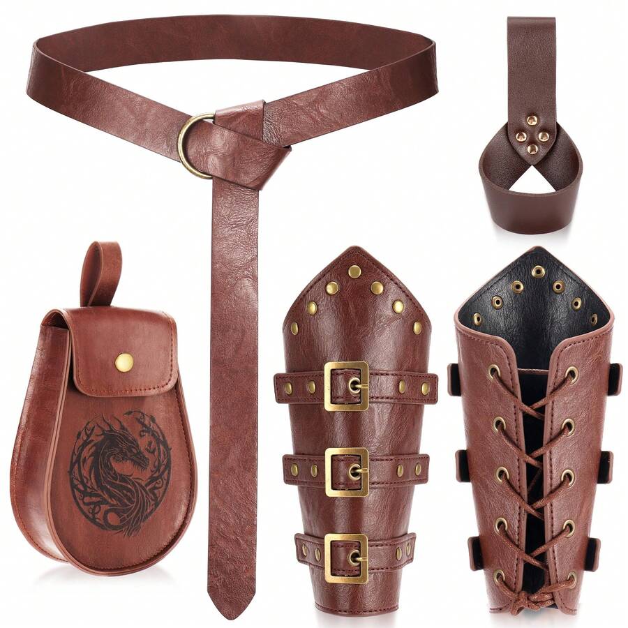 1 Set Renaissance Viking Medieval Leather Belt And Arm Guard LARP Costume Accessories,Halloween - A - View 1