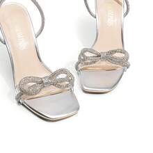 Women's Double Bowknots Crystal Sandals Clear Slingback Heels Square Toe Shoes For Party Wedding - Bạc - Xem 5