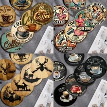 6 piezas Posavasos de madera con estampado de café - Protectores de mesa impresos de colores - Accesorios de cocina antideslizantes - Decoración del hogar - Suministros para fiestas temáticas - Regalos de inauguración de casa/Acción de Gracias para agregar un ambiente acogedor