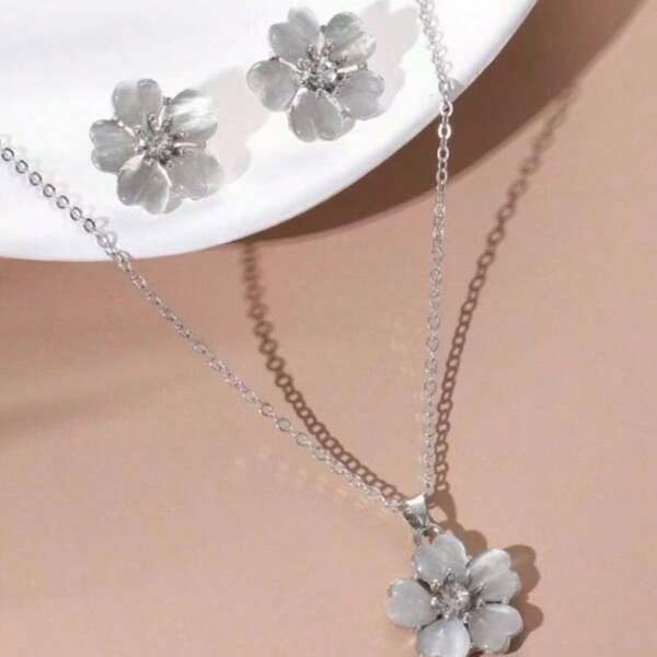 1pc Floral Design Cat Eye Stone Necklace And 1 Pair Earrings