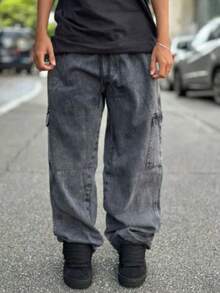 BOYS' CARGO PANTS FOR TEENAGERS, LOOSE FADED PANTS, GRAPHITE GREY, BLACK JEANS, SIZES 10 TO 16 - Đá lửa - Xem 3