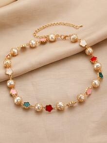 1 件时尚精致仿珍珠串珠项链，镂空花朵和三叶草设计优雅颈链，适合女性日常、派对、婚礼穿着或礼物 - 金黃色 - 查看 1