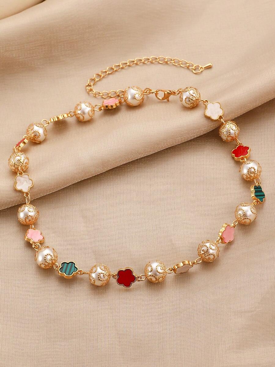 1 件时尚精致仿珍珠串珠项链，镂空花朵和三叶草设计优雅颈链，适合女性日常、派对、婚礼穿着或礼物 - 金黃色 - 查看 1