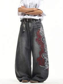 1 chiếc quần jeans Infinite Jeans kiểu Hồng Kông, thêu hoa 3D, thời trang, đa năng, dáng rộng, ống rộng, đã qua xử lý giặt, dành cho nam (Sản phẩm không bao gồm thắt lưng và phụ kiện) - màu đen - Xem 1