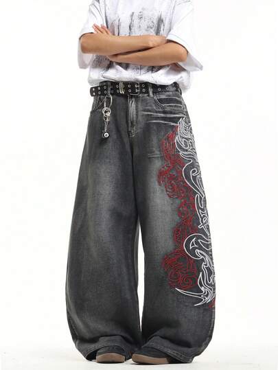 Infinite Jeans 1pc Hong Kong Street Style 3D Embroidered Floral Fashion Versatile Men's Plus Size Denim Jeans Washed Loose Wide Leg Long Pants (Product Does Not Include Belt And Accessories)