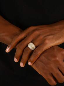 1pc Oxidized Cz Set Bold Wide Band Ring With Delicate Chain Design And Copper Plating, European & American Style Hip Hop Elements Exaggerated Unisex Statement Jewelry - Silver - View 7