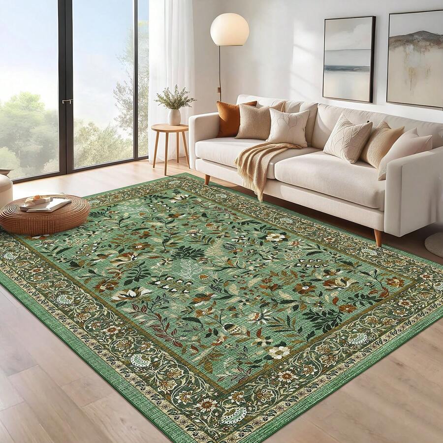 Botanical Printed Area Rug Vintage Floral Rug Washable Area Rug Stain Resistant Non-Slip Foldable Interior Decorative Rug For Bedroom Farmhouse Apartment Dining Room Laundry Room - 淺綠色 - 查看 1