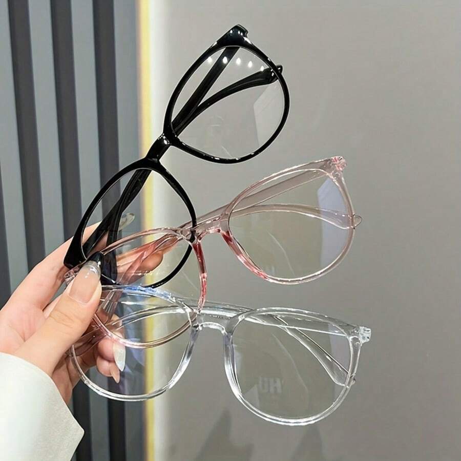 女士时尚黑色PC镜框，配AC镜片，塑料铰链，适合电脑和游戏，椭圆形全框非处方透明镜片眼镜 - 彩色 - 查看 1