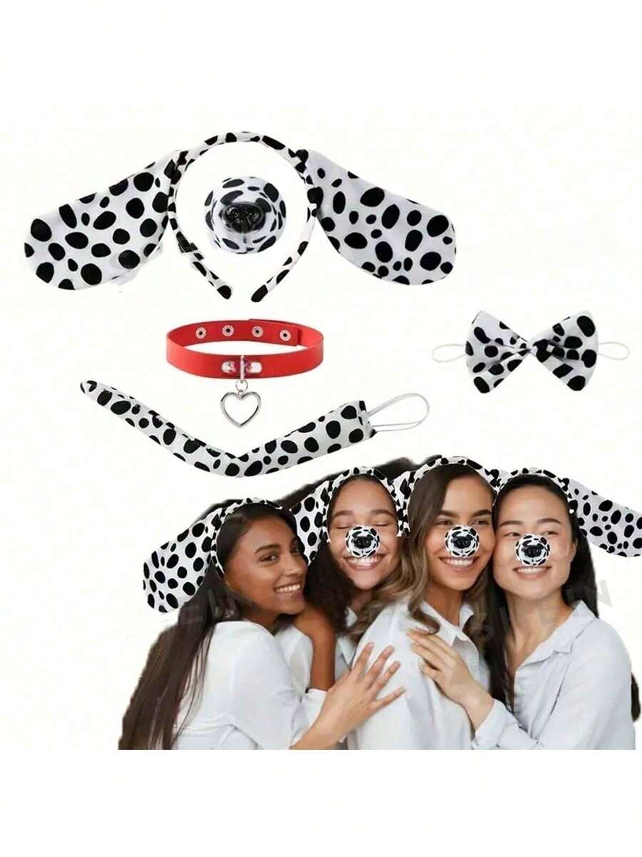 New Arrival Fashionable Personalized Versatile Popular Dalmatian Dog Ear Headband, Performance Stage Costume Accessory, Party Game Prop, Creative Spotted Dog Headpiece Hair Clip Set,Halloween - Multicolor - View 1