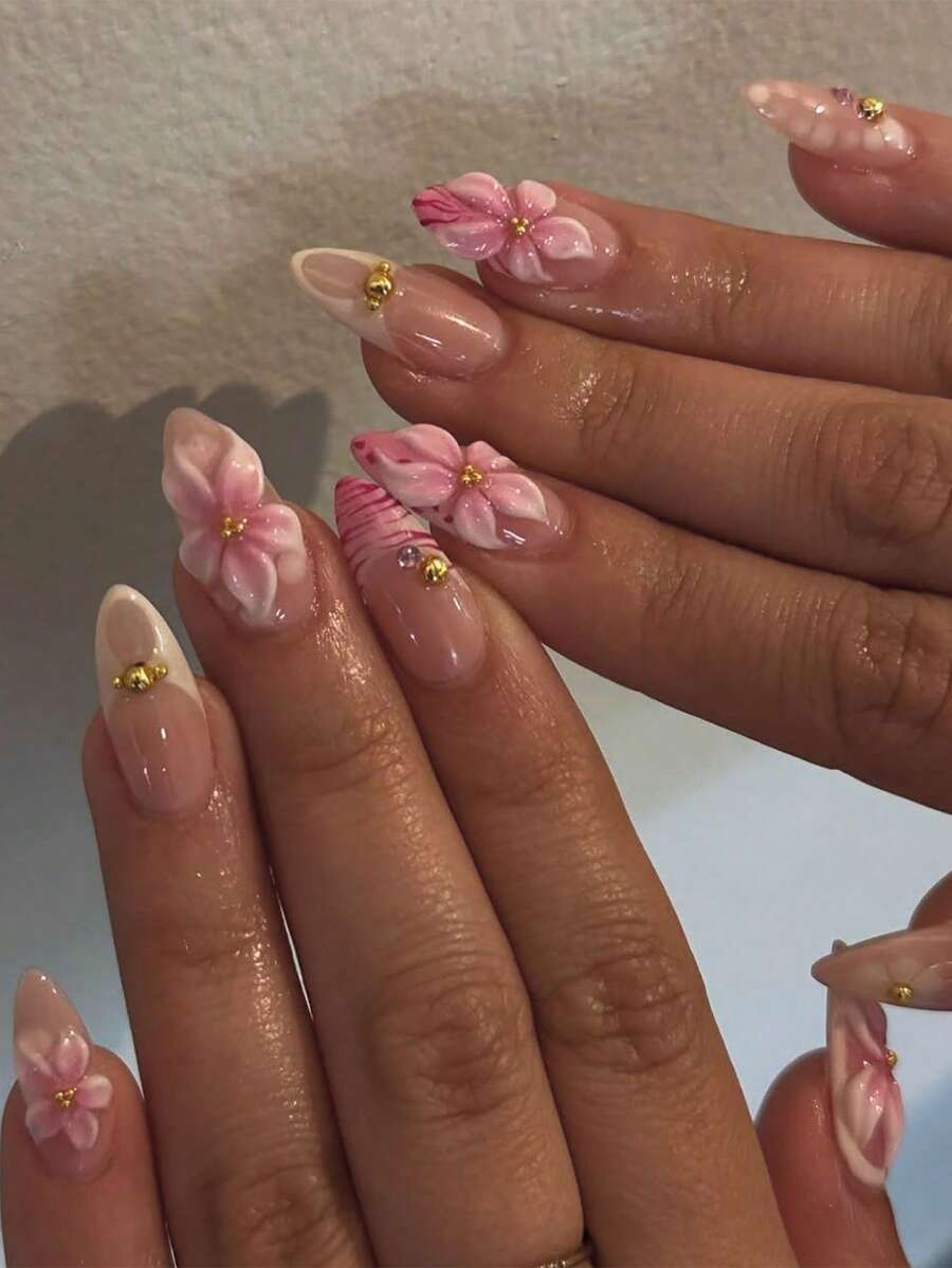 24 件/套华丽甜美 3D 渐变花朵和豹纹法式美甲杏仁形指甲贴纸，带金色珍珠和水钻，非常适合女孩/女士日常、暑假、海滩、派对按压指甲美甲用品