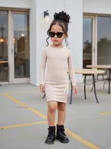 3pcs/Set Young Girls' Solid Ribbed Minimalist Elegant Dress - Apricot - View 10